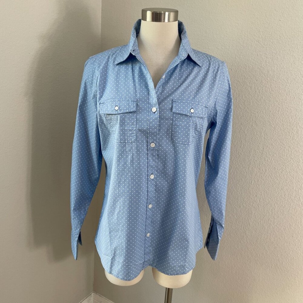 LL Bean Womens Medium Blue‎ Polka Dot Button Up Shirt Roll Tab Sleeve Blouse Top